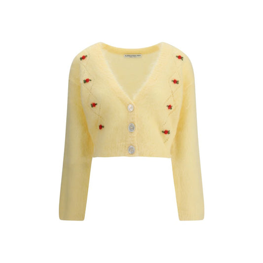 Alessandra Rich Yellow Mohair Cardigan with floral embroidery, V-neckline, and button closure. Ideal for a retro-inspired look.