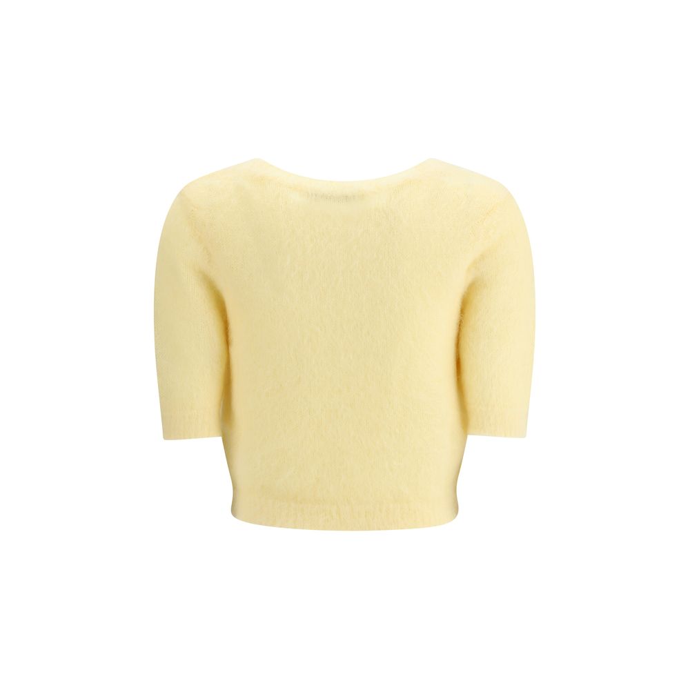 Back view of Alessandra Rich Yellow Mohair Sweatshirt with short sleeves and round neckline, featuring embroidered flowers and ribbed hemline.