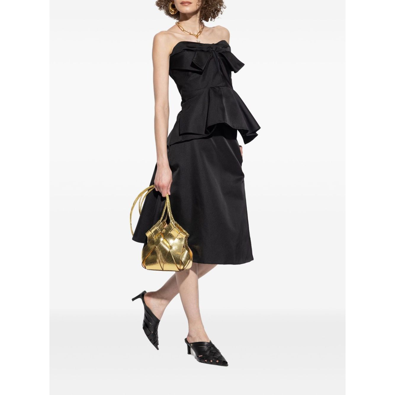 Alexander McQueen Skirts Black - Black satin A-line silk skirt with strapless top and gold bag
