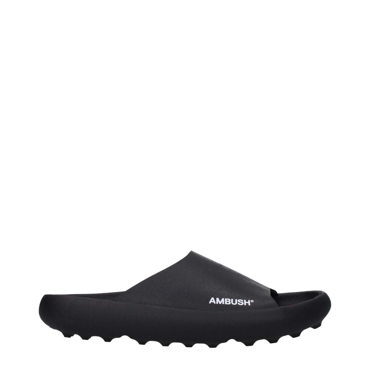 Ambush Black Cotton Slippers with side logo, open toe, rubber sole, stylish streetwear clogs, MPN BMIC005MAT0011001.
