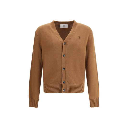 Ami Paris Ami De Coeur Cardigan in brown with front button closure, ribbed cuffs, hem, and embroidered logo.