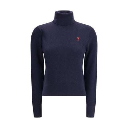 Ami Paris Blue Merino Wool Turtleneck with ribbed collar and embroidered logo, perfect for casual polished style.