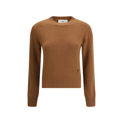 Ami Paris Brown Cashmere Sweatshirt with ribbed crew neck and Ami De Coeur logo, showcasing a timeless design for AW25 collection.