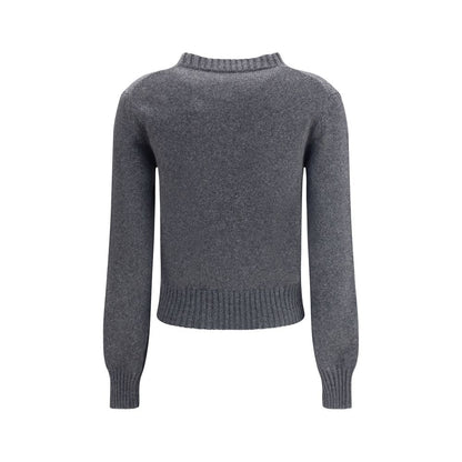 Back view of Ami Paris Gray Cashmere Cashmere Sweater with ribbed crew neck and cuffs, iconic Ami De Coeur logo on the front.