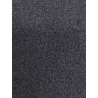 Ami Paris Gray Cashmere Turtleneck featuring ribbed design and iconic logo for stylish comfort.