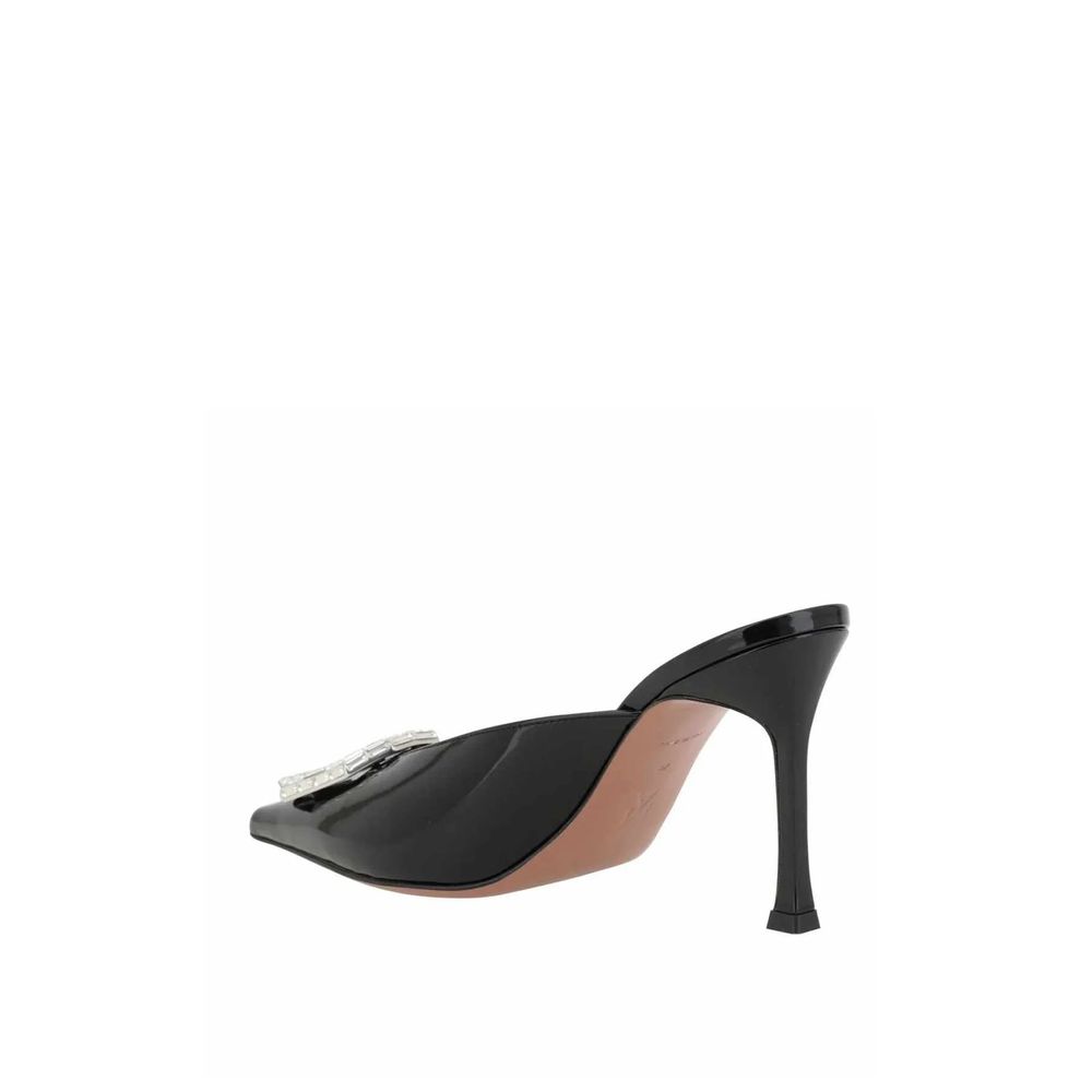 Amina Muaddi Black Leather Mules with a pointed toe and patent effect, featuring a 9 cm heel, made in Italy for women.