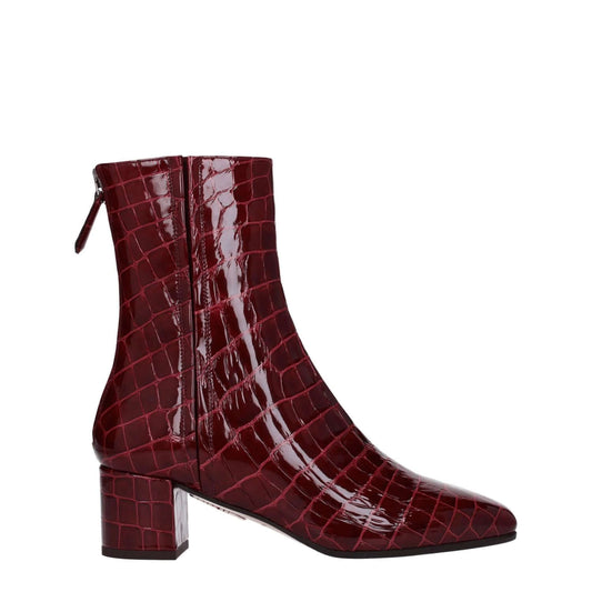 Aquazzura Red Leather Ankle Boots with crocodile print, zip closure, square toe, and mid heels in aubergine accent. MPN: GRVMIDB0CCXDKA.