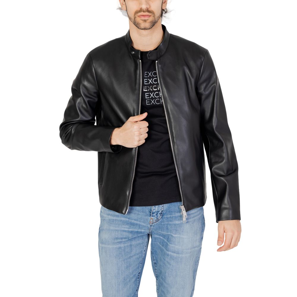 Man wearing Armani Exchange Black Polyester Jackets & Coat, modern urban style with front zip closure and stand-up collar.