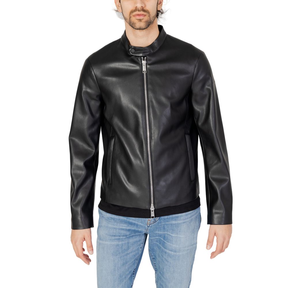 Man wearing Armani Exchange Black Polyester Jackets & Coat with zip closure and stand-up collar, showcasing urban style.