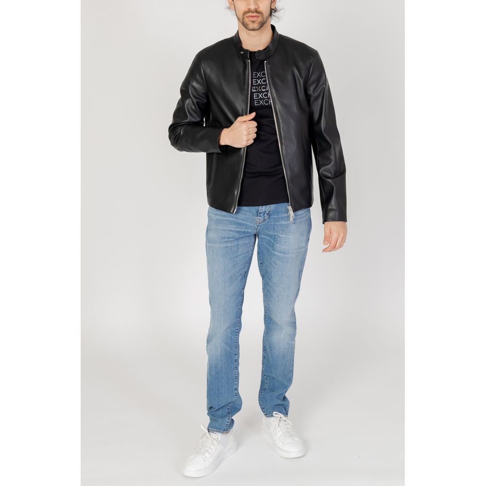 Man wearing Armani Exchange Black Polyester Jackets & Coat, paired with blue jeans and white sneakers, showcasing modern urban style.
