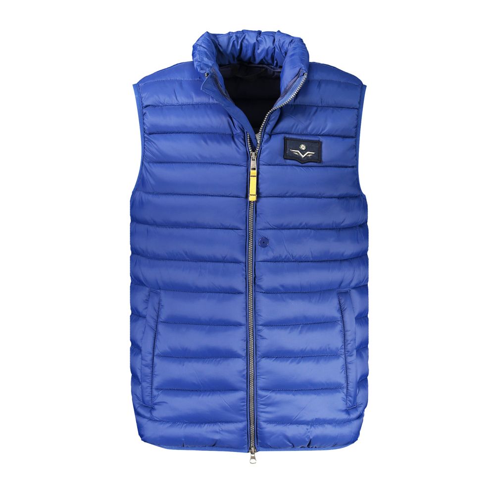 Armata Di Mare Blue Polyamide Men Jacket, sleeveless with zip closure, practical pockets, elegant design for modern style enhancement.