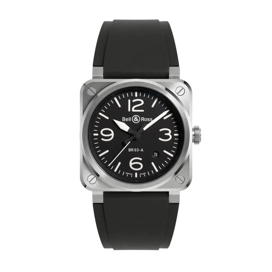 Luxury watch BELL & ROSS MOD. BR03A-BL-ST_SRB with black dial and strap.