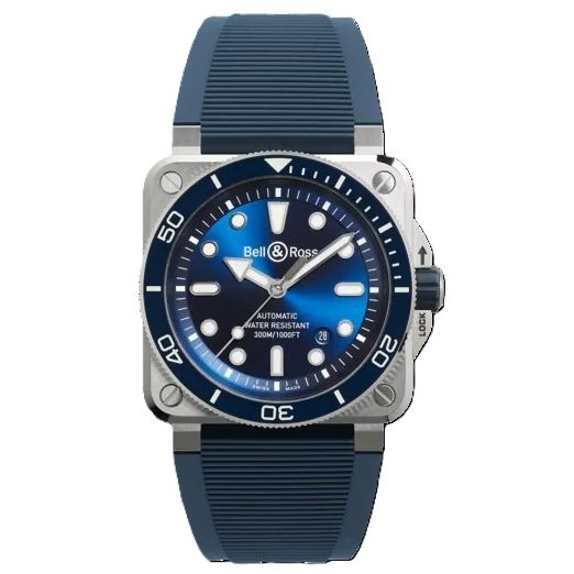 BELL & ROSS MOD. BR03A-D-BLU-ST_SRB luxury watch with blue dial and black strap.