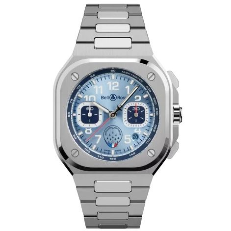 BELL & ROSS MOD. BR05C-PAF-ST_SST watch with silver stainless steel bracelet and blue dial, showcasing elegant chronograph design.