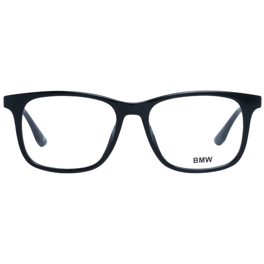 BMW Black Men Optical Frames with full-rim square black plastic frame and demo lenses, size 53-16-145, includes branded case.