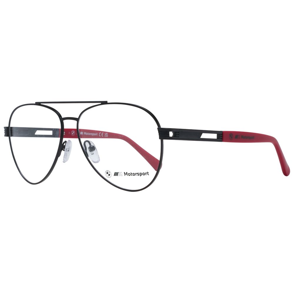 BMW Motorsport Black Men Glasses Frame in aviator style with full-rim metal structure, demo lenses, and spring hinge, includes branded case.