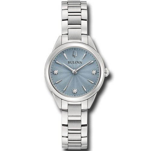 BULOVA Mod. SUTTON LADY PETITE wristwatch with blue dial and silver bracelet, elegant timepiece design.