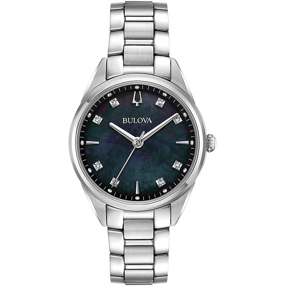 BULOVA Mod. SUTTON wristwatch with metal bracelet and black dial, comes in official packaging box.
