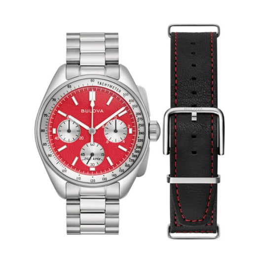 Red and silver BULOVA WATCHES Mod. 96K115 with black leather strap option.