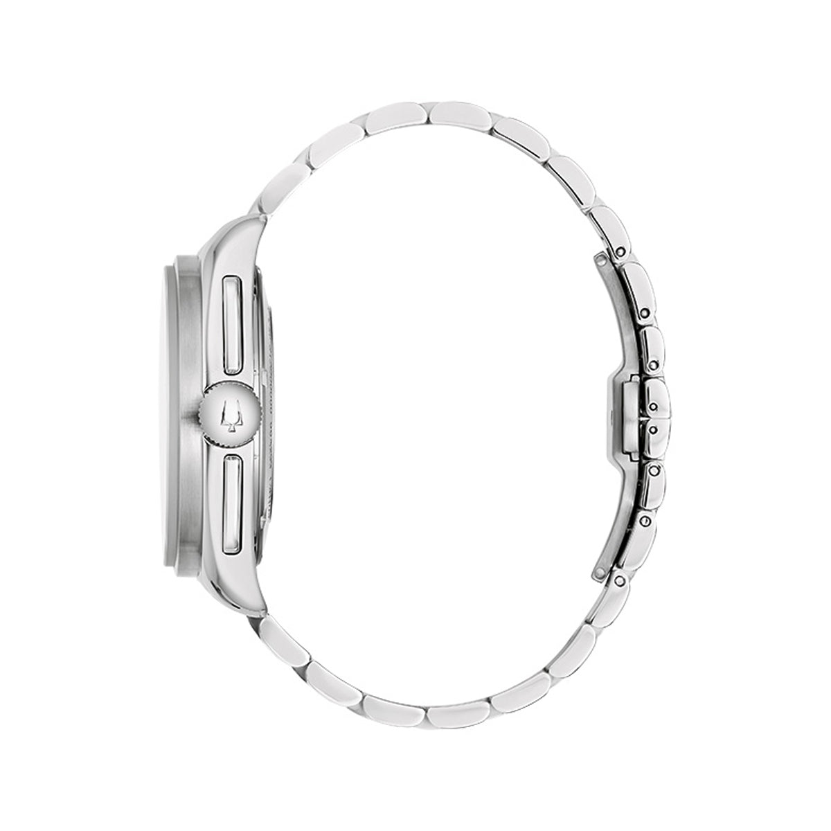 Side view of BULOVA WATCHES Mod. 96K115 showing sleek silver design and metal bracelet.