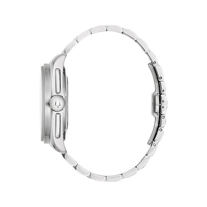 Side view of BULOVA WATCHES Mod. 96K115 showing sleek silver design and metal bracelet.