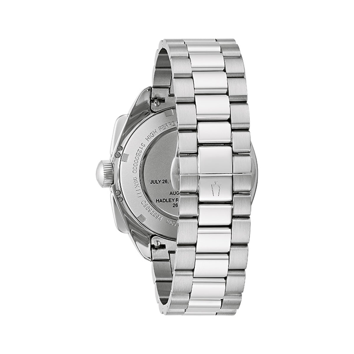 BULOVA WATCHES Mod. 96K115, back view of stainless steel watch showcasing bracelet design and engraved case back details.
