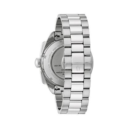 BULOVA WATCHES Mod. 96K115, back view of stainless steel watch showcasing bracelet design and engraved case back details.