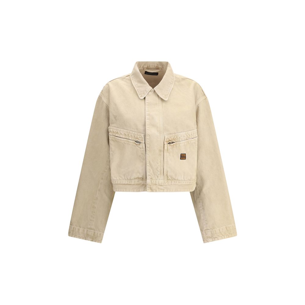 Balenciaga Beige Cotton Denim Jacket featuring classic collar, zipper front, and zippered patch pockets for modern workwear style.