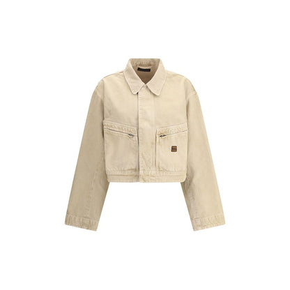 Balenciaga Beige Cotton Denim Jacket featuring classic collar, zipper front, and zippered patch pockets for modern workwear style.
