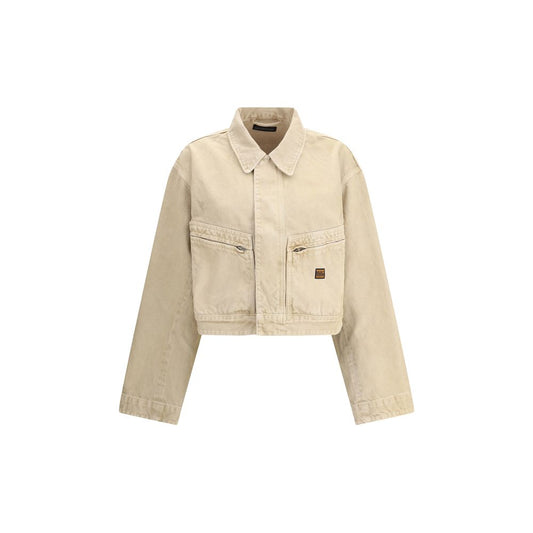 Balenciaga Beige Cotton Denim Jacket featuring classic collar, zipper front, and zippered patch pockets for modern workwear style.