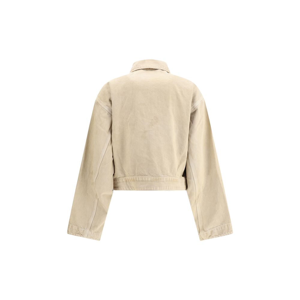 Balenciaga Beige Cotton Denim Jacket back view, showing its workwear-inspired design with a classic collar and cropped fit for AW25 season.