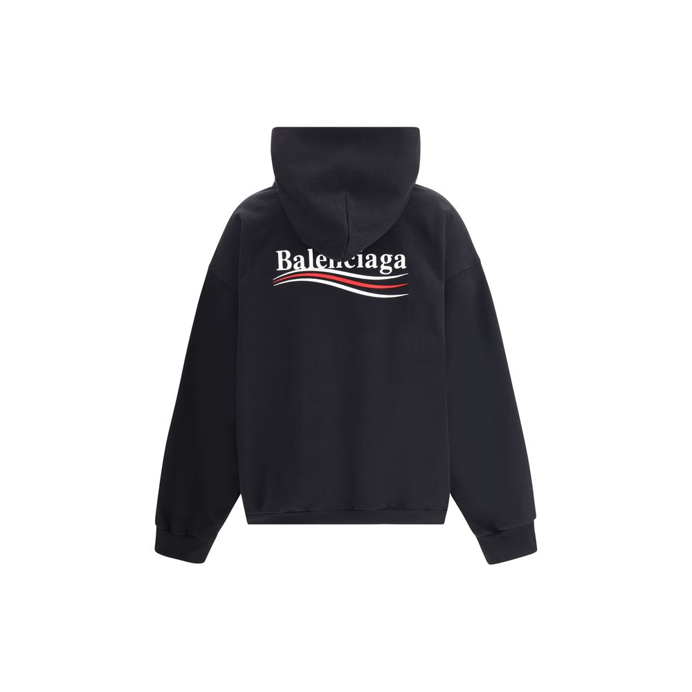 Back view of Balenciaga Logoed Hoodie with iconic monogram on oversized cotton fit, ribbed cuffs and hem. Streetwear style.