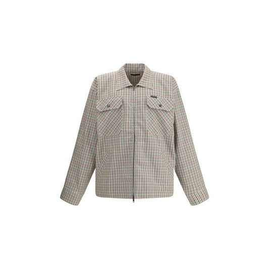 Balenciaga Multicolor Cotton Coat featuring checked pattern, classic collar, chest flap pockets, overshirt style for AW25 season.