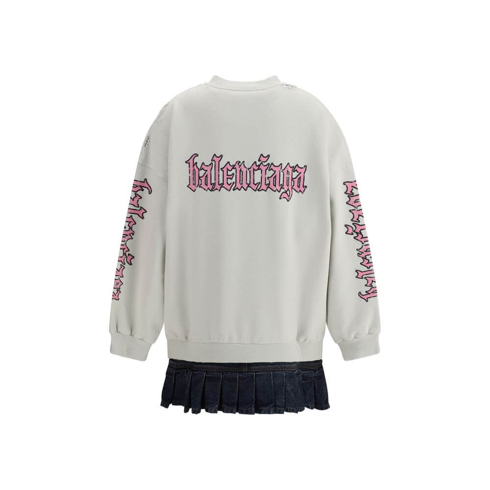 Balenciaga Multicolor Cotton Sweatshirt with ribbed collar, cuffs, and pleated denim skirt. Features contrasting printed logos. AW25.