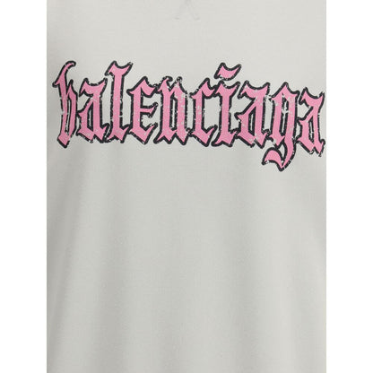 Balenciaga Multicolor Cotton Sweatshirt with pink printed logo, featuring a ribbed collar and relax-fit design for urban style.