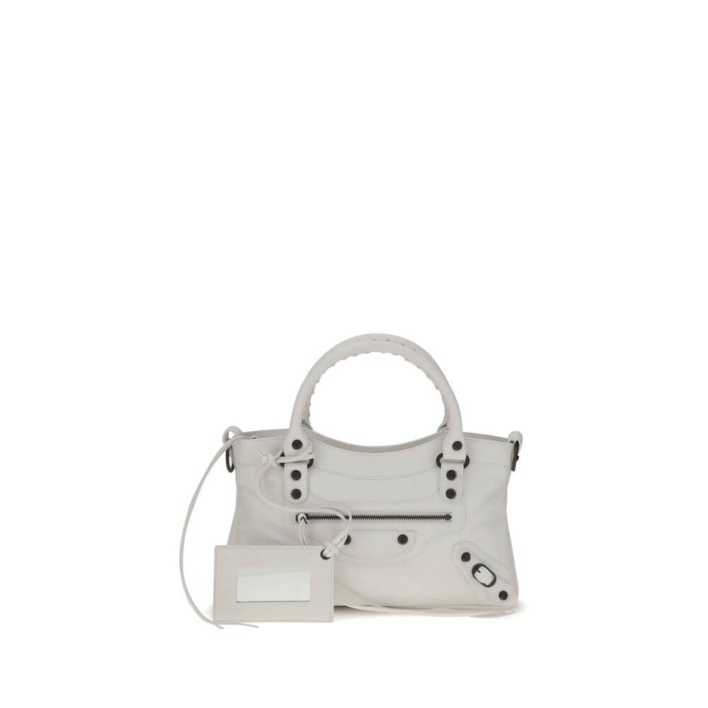 Balenciaga White Calf Leather Bos Taurus Handbag with brass hardware and hand-woven handles displayed on a white background.