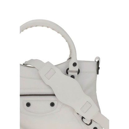 Balenciaga White Calf Leather Bos Taurus Handbag with brass hardware and adjustable shoulder strap.