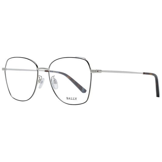 Bally Black Women Glasses Frame, square full-rim style with plastic black frame, demo lenses, and a branded case. Size 53-16-145.