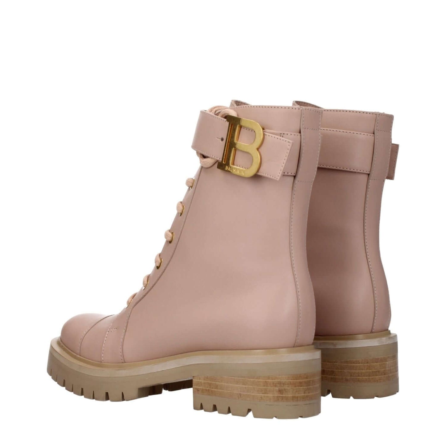 Balmain Beige Leather Ankle Boots with gold side logo, lace-up closure, rubber sole, and mid heel. Style: Sporty Glam.