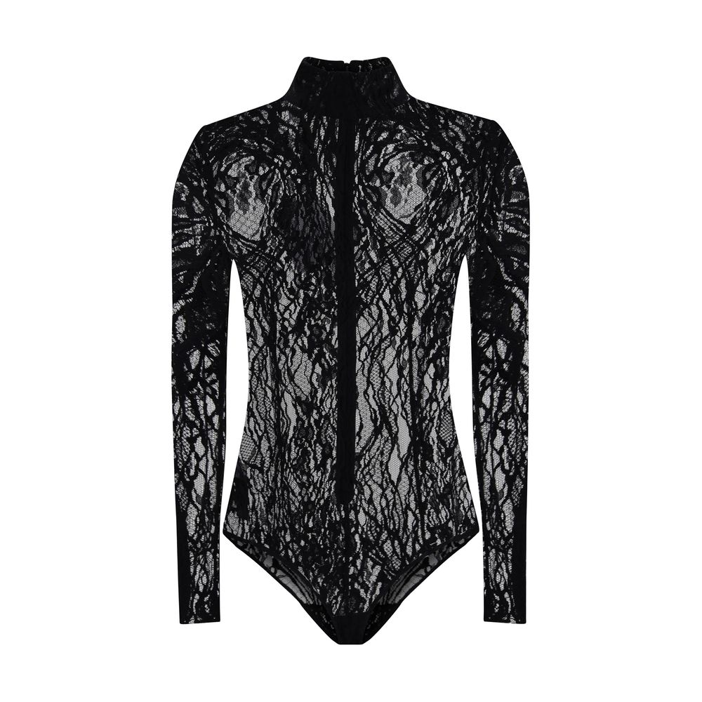 Balmain Black Cotton Top - Elegant lace bodysuit with high neck, zip fastening, and buttoned briefs for bold, sophisticated looks. AW25 collection.