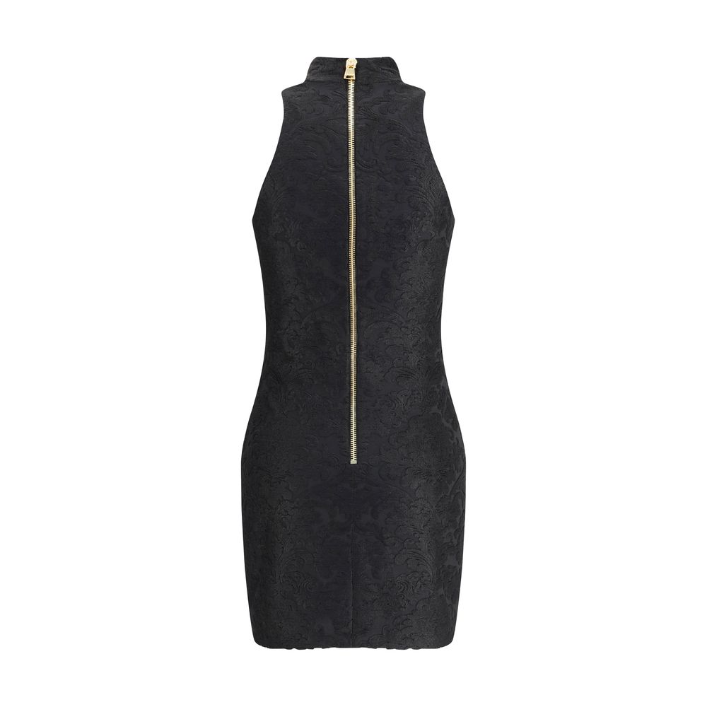 Balmain Black Viscose Cocktail Dress with baroque pattern, American collar, and gold back zipper. Slim fit perfect for evening elegance.