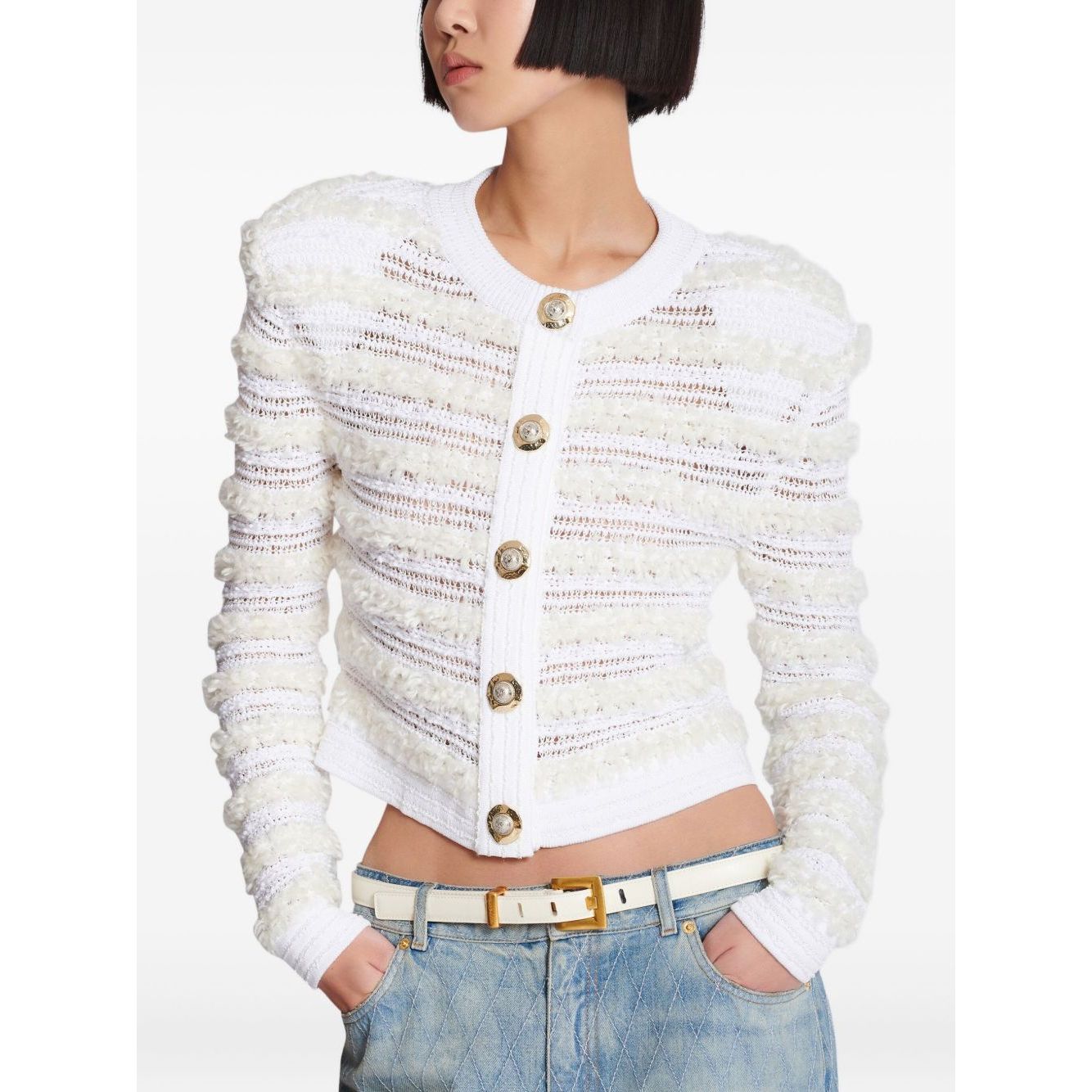 Balmain Long-sleeved tweed-effect knit cardigan Topwear