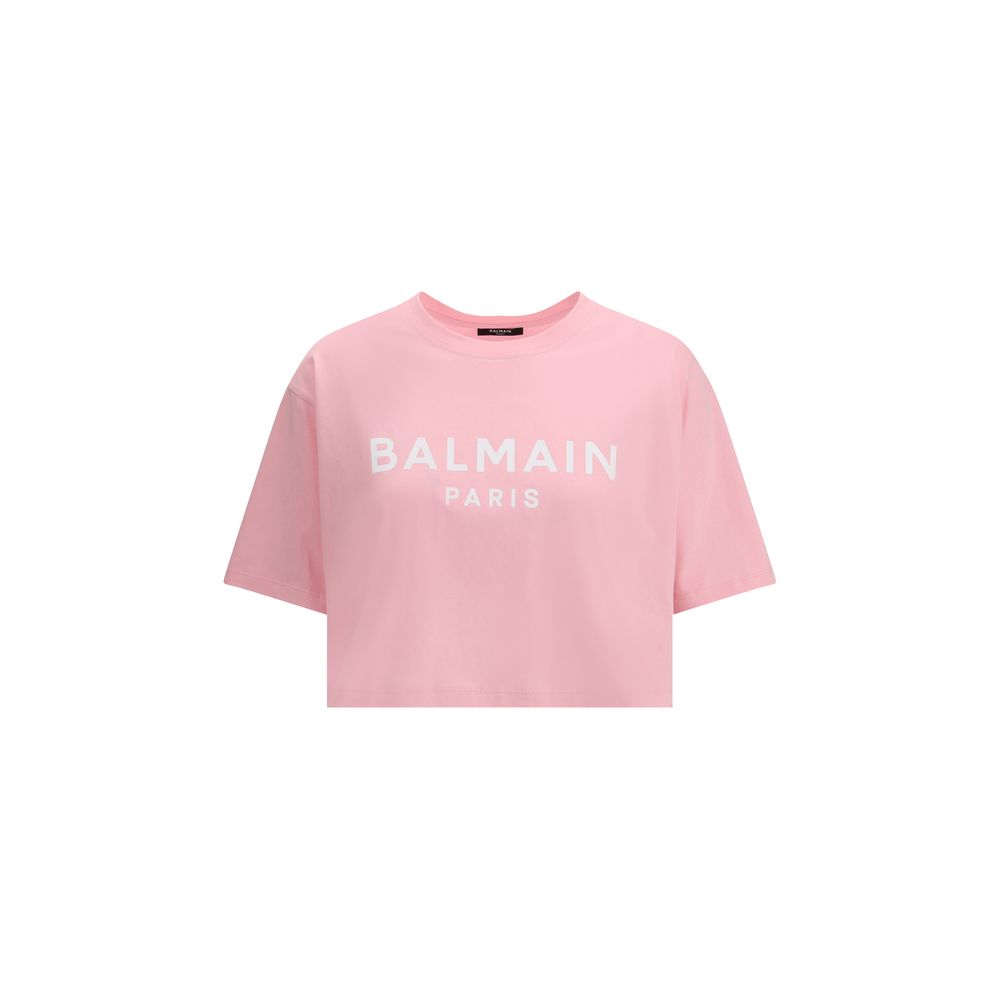 Balmain Multicolor Cotton T-Shirt with logo, cropped design, crew neck, and elegant urban style. Ideal for a sophisticated look.