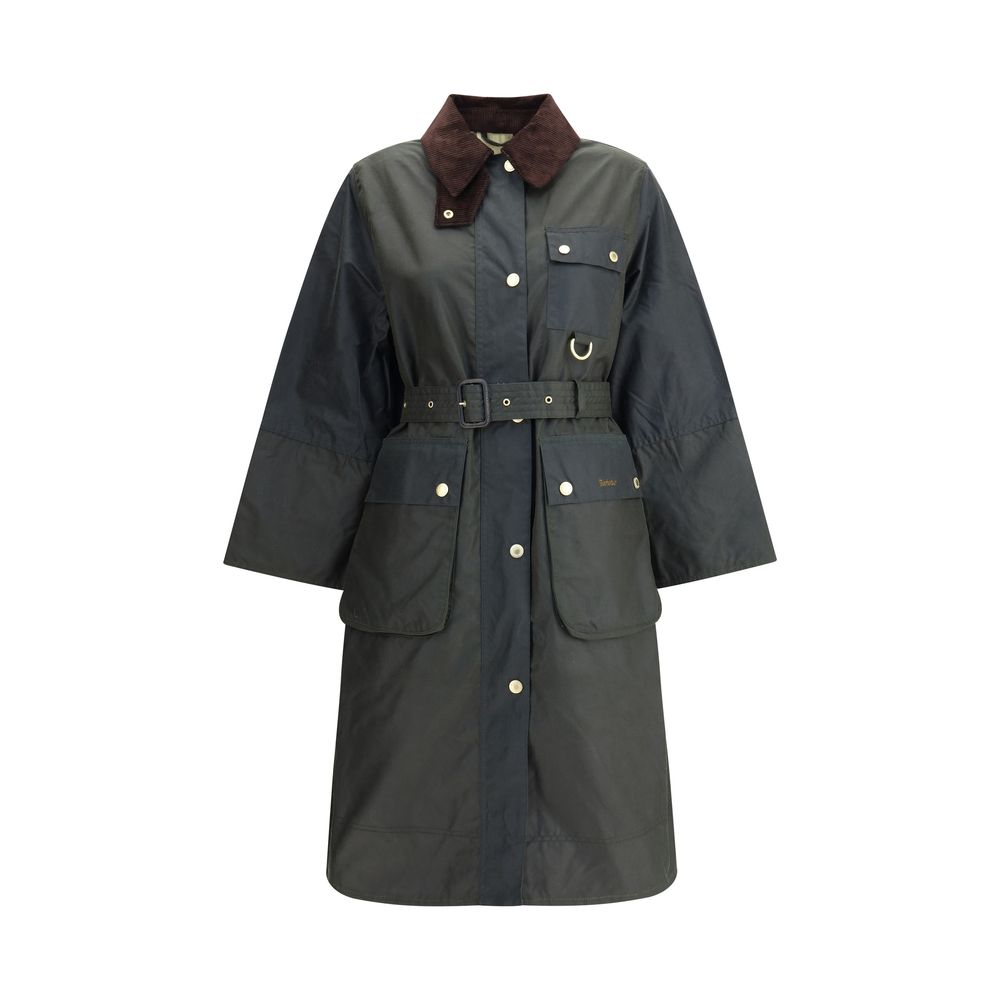 Barbour Green Cotton Coat with fine-ribbed collar and snap-button closure, inspired by iconic Solway pattern, featuring adjustable waist belt.
