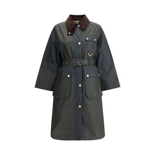 Barbour Green Cotton Coat with fine-ribbed collar and snap-button closure, inspired by iconic Solway pattern, featuring adjustable waist belt.