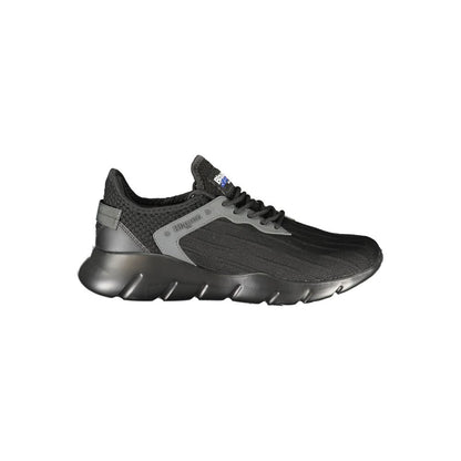 Blauer Black Polyester Men Sneaker with bold design and Blauer logo, engineered for style and comfort, made from polyester and polyethylene.