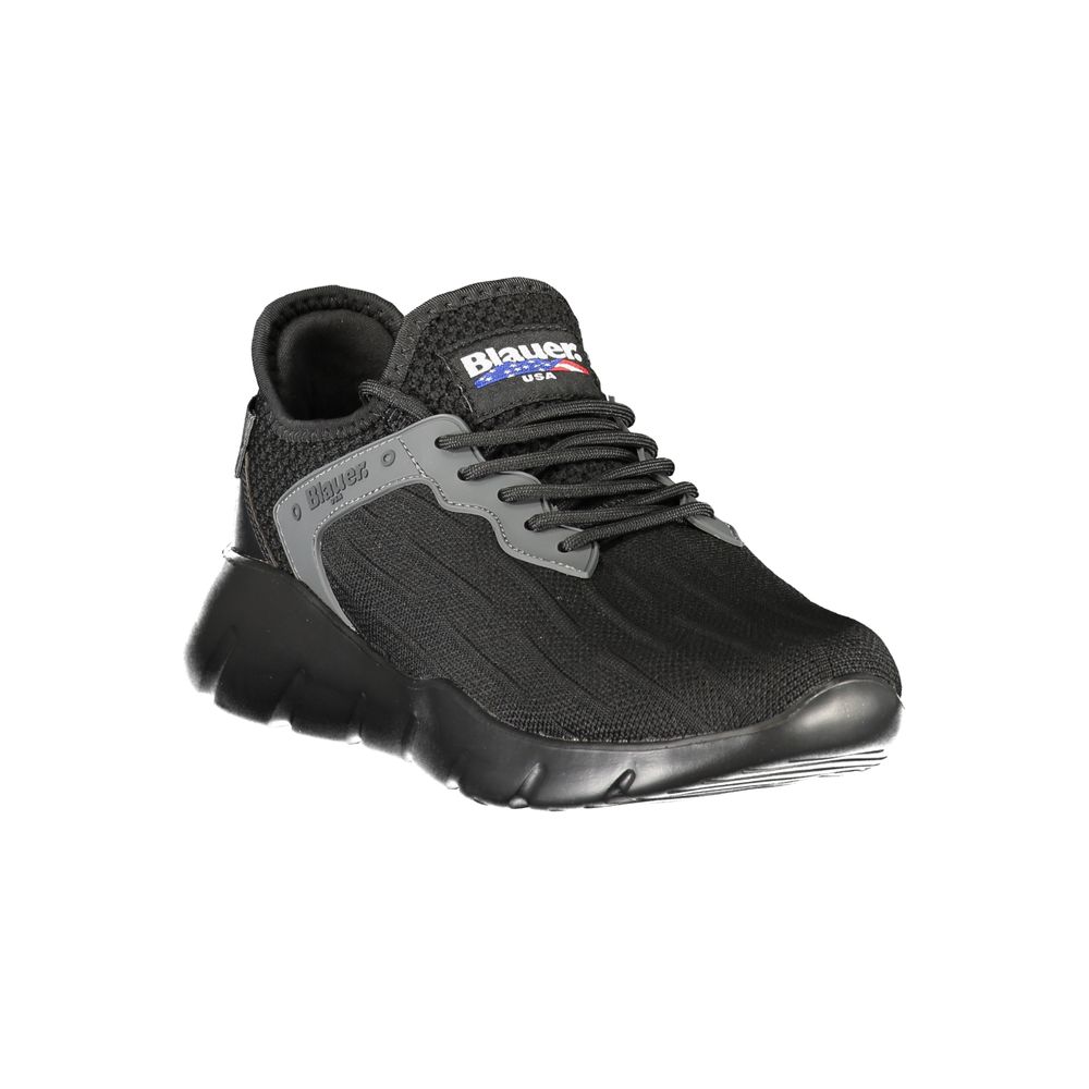 Blauer Black Polyester Men Sneaker with bold print and Blauer logo, offering style and comfort for a trendy athletic look.
