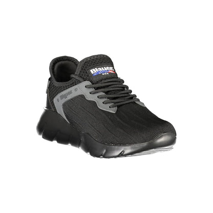 Blauer Black Polyester Men Sneaker with bold print and Blauer logo, offering style and comfort for a trendy athletic look.