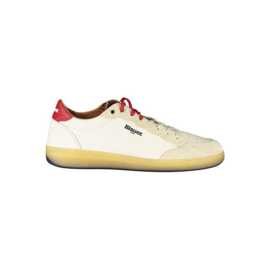 Blauer White Leather Men Sneaker with blue and red accents, showcasing street-style and athletic functionality, side view.