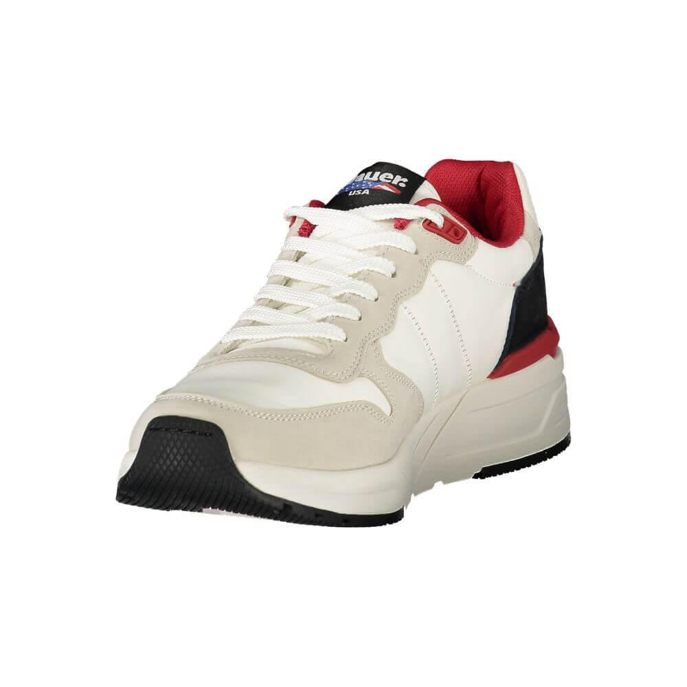 Blauer White Polyester Men Sneaker, featuring red accents and iconic logo, perfect for fashion-forward individuals.